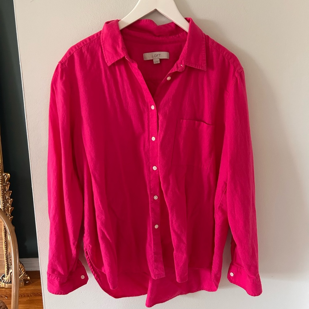 LOFT Bright Pink Linen blend button up size XL